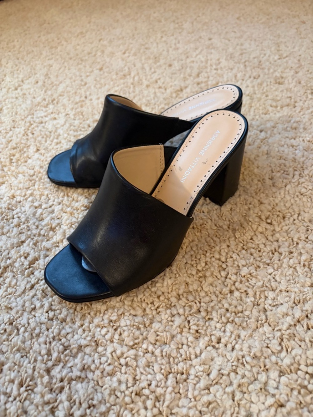Adrienne Vittadini Black Leather Open-Toe Block Heel Mules